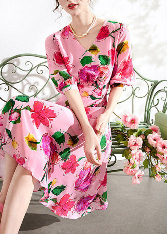 Pink V Neck Print Tunic Chiffon Long Dresses Summer