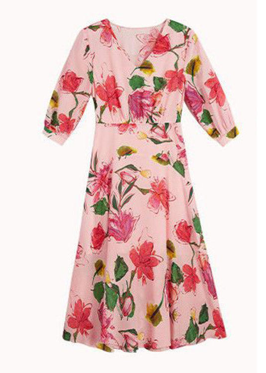 Pink V Neck Print Tunic Chiffon Long Dresses Summer