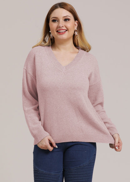 Pink V Neck Thick Knit Sweater Long Sleeve