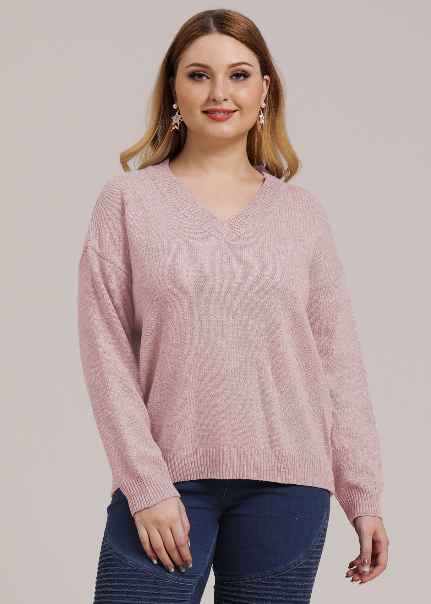 Pink V Neck Thick Knit Sweater Long Sleeve