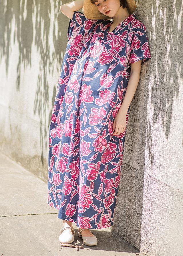 Pink Print Summer Cotton Dress Batwing Sleeve Maxi Dress