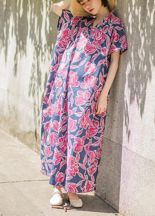 Pink Print Summer Cotton Dress Batwing Sleeve Maxi Dress