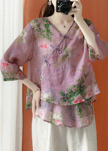 Purple Asymmetrical Print Linen Blouses Half Sleeve