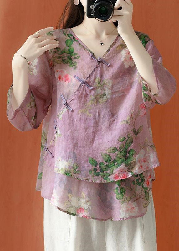 Purple Asymmetrical Print Linen Blouses Half Sleeve