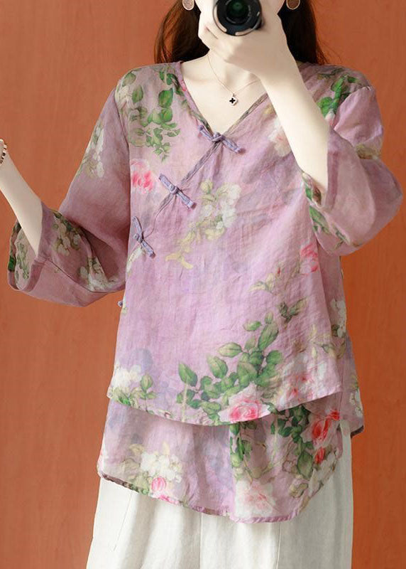 Purple Asymmetrical Print Linen Blouses Half Sleeve