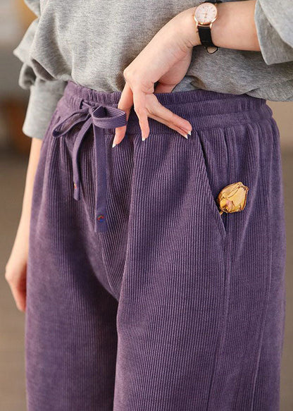 Purple Elastic Waist Pockets Corduroy Straight Pants Spring