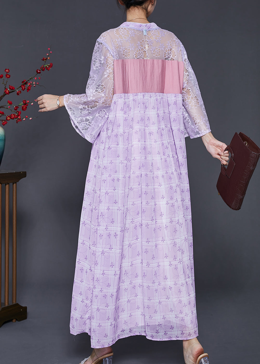 Purple Embroidered Hollow Out Chiffon Long Dress Summer