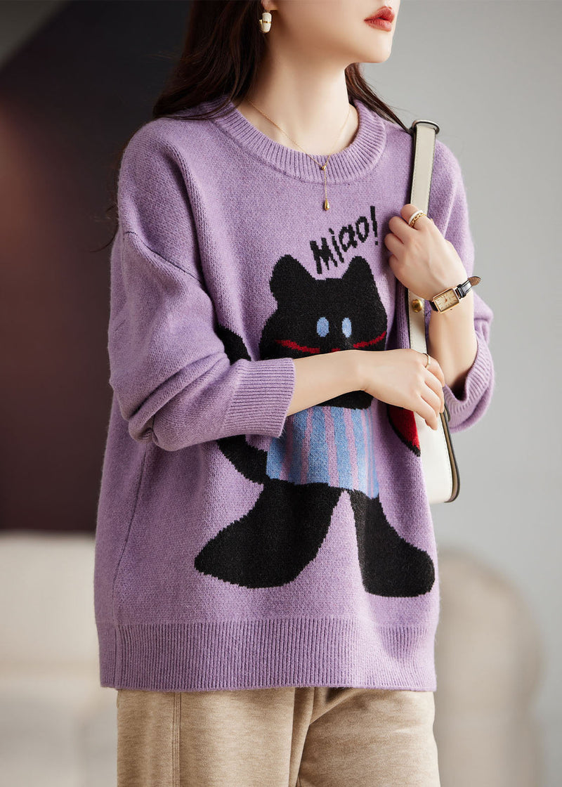 Purple O-neck Animal Print Thick Cotton Knit Sweater Long Sleeve