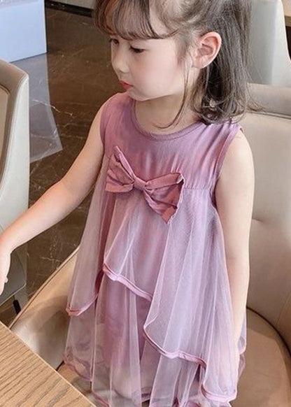 Purple O-neck Bow Patchwork Tulle Mid Dress Sleeveless