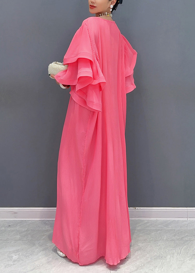 Purple O Neck Wrinkled Long Dresses Butterfly Sleeve