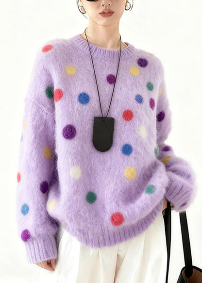 Purple Oversized Multicolour Dots Knit Sweater Tops Winter