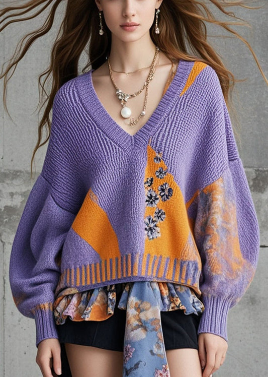 Purple Oversized Patchwork Knit Sweaters Fall