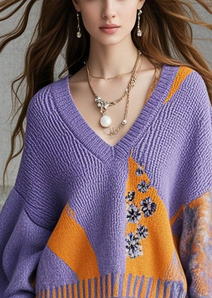 Purple Oversized Patchwork Knit Sweaters Fall