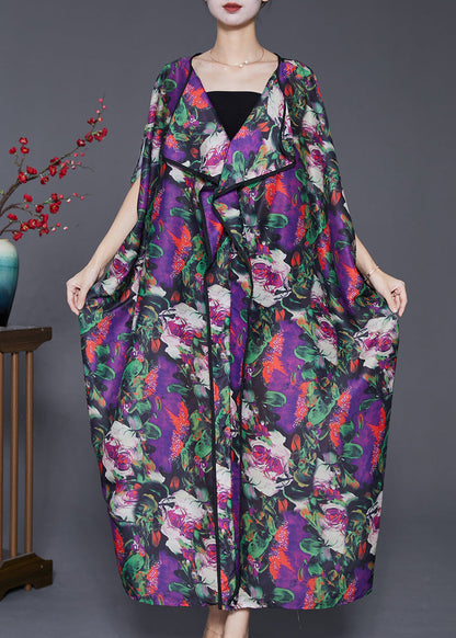 Purple Oversized Print Chiffon Long Dresses Batwing Sleeve