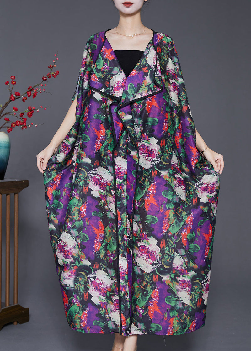 Purple Oversized Print Chiffon Long Dresses Batwing Sleeve