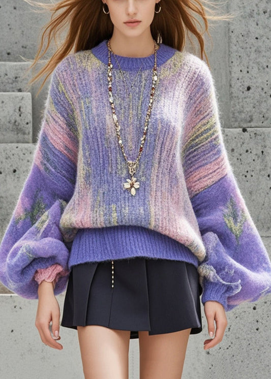 Purple Oversized Print Thick Short Sweater Lantern Sleeve