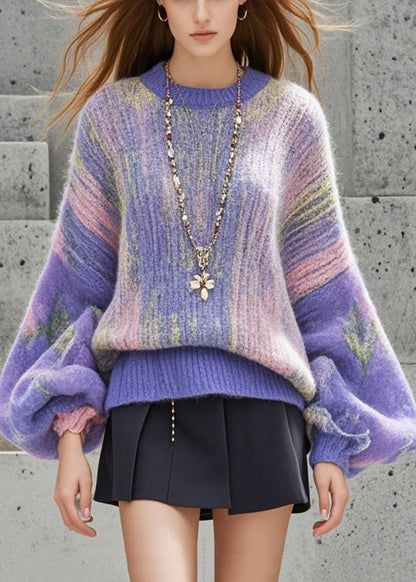 Purple Oversized Print Thick Short Sweater Lantern Sleeve