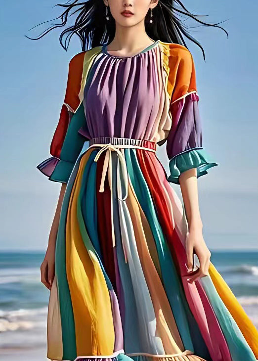 Purple Ruffled Lace Up Patchwork Chiffon Dress Half Sleeve