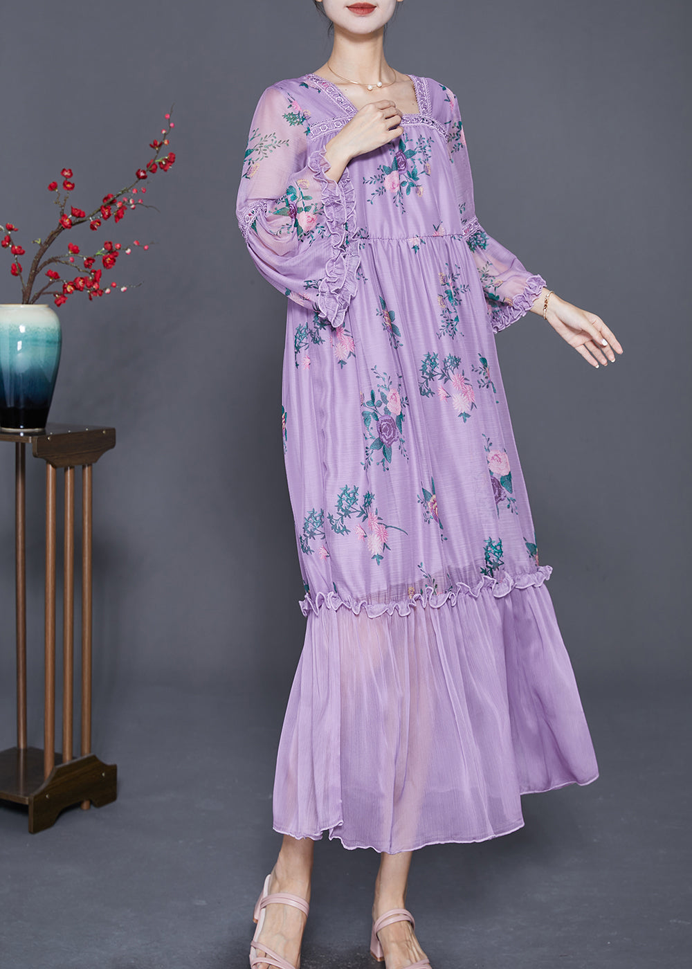 Purple Square Collar Patchwork Ruffled Silk Dresses Summer