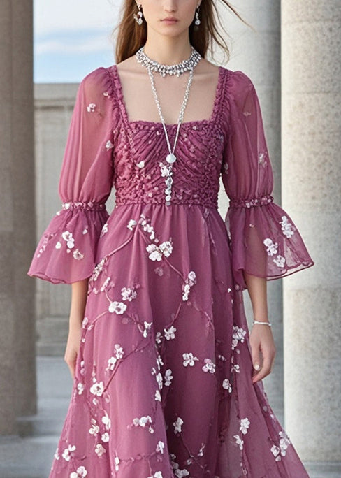 Purple Square Collar Print Chiffon Holiday Dress Summer