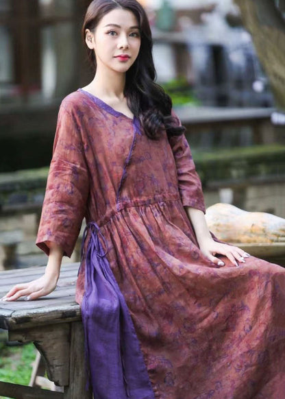 Purple V Neck Print Drawstring Patchwork Linen Dresses Summer