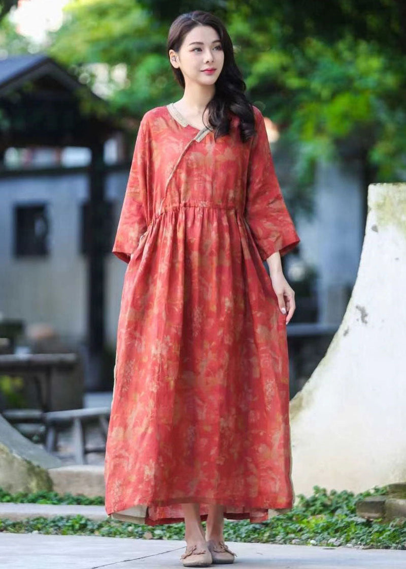 Purple V Neck Print Drawstring Patchwork Linen Dresses Summer