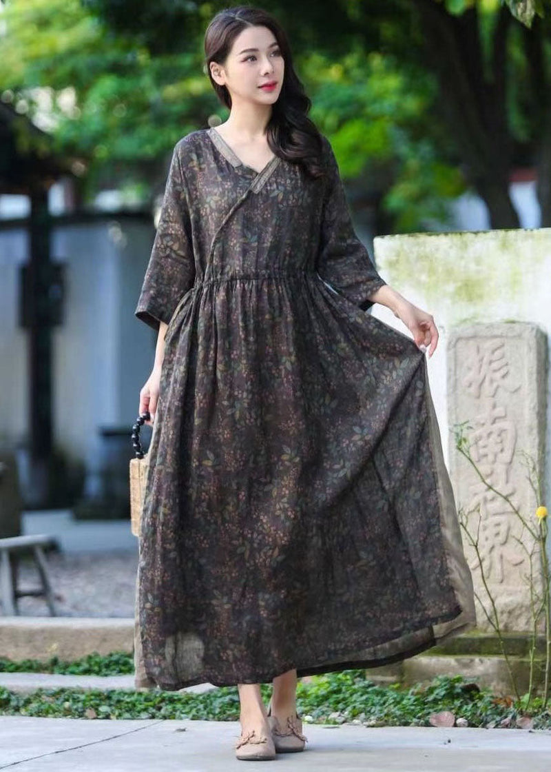 Purple V Neck Print Drawstring Patchwork Linen Dresses Summer