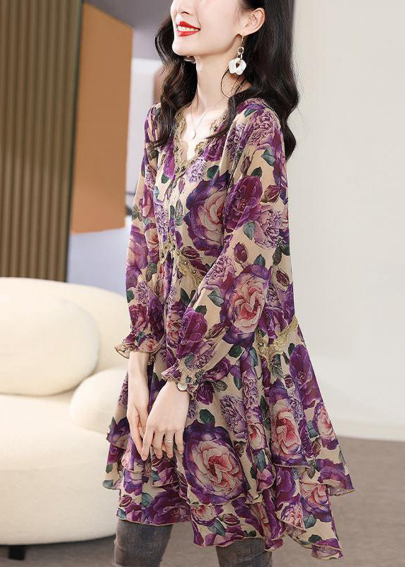 Purple V Neck Print Nail Bead Chiffon Mid Dress Spring