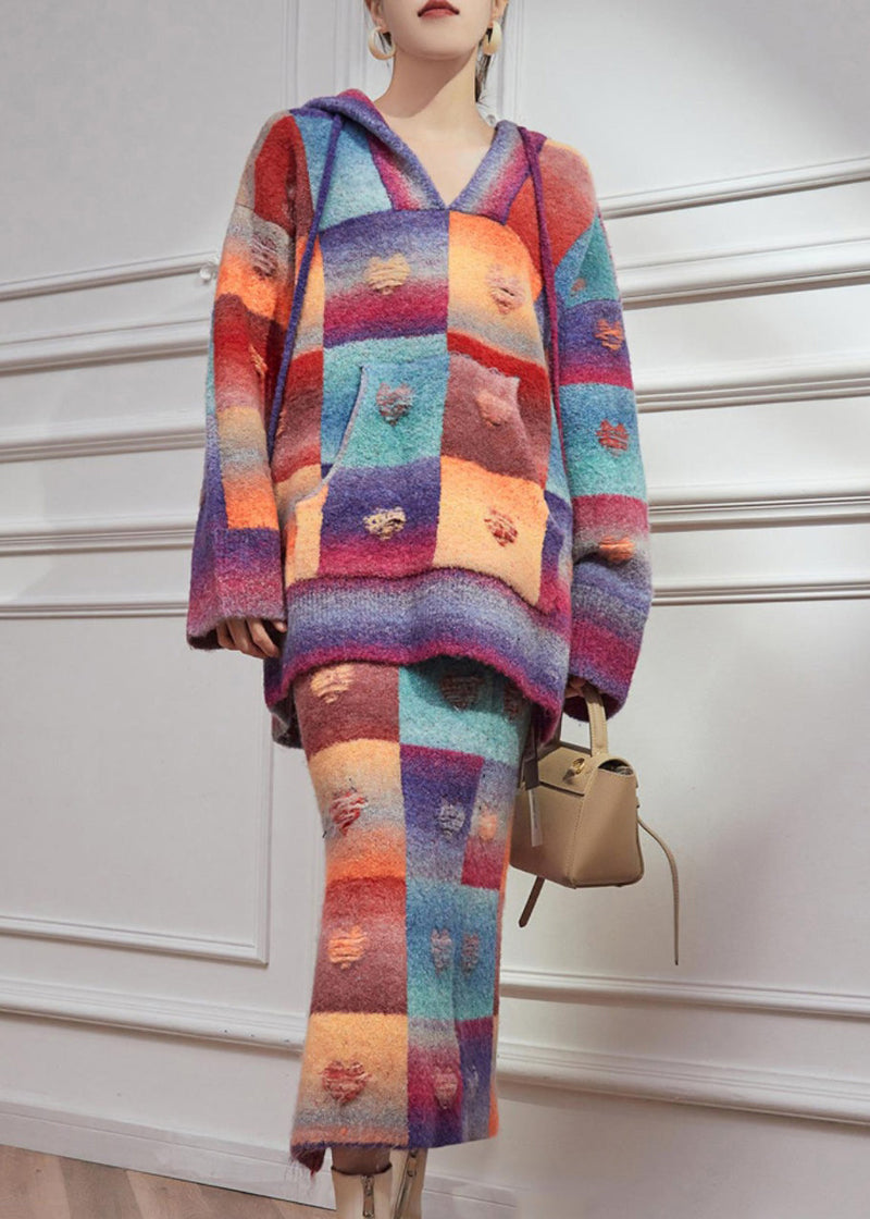 Rainbow Hole Hooded Sweaters and Maxi Skirts Knitted Cotton Thread Two Pieces Set Spring