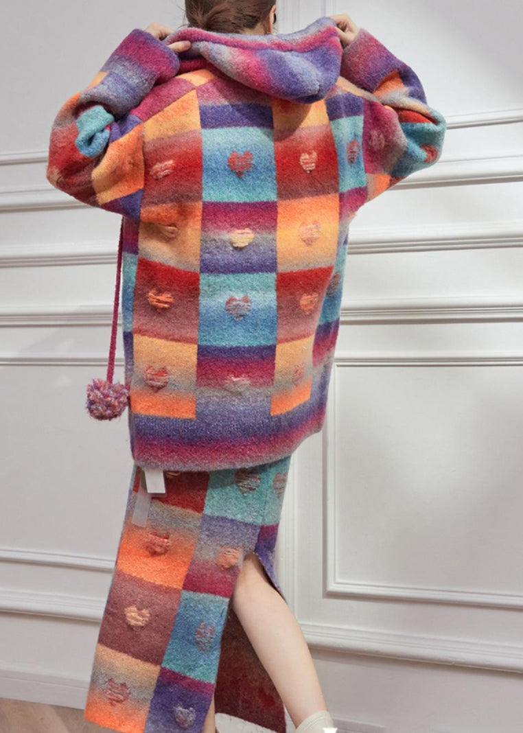 Rainbow Hole Hooded Sweaters and Maxi Skirts Knitted Cotton Thread Two Pieces Set Spring
