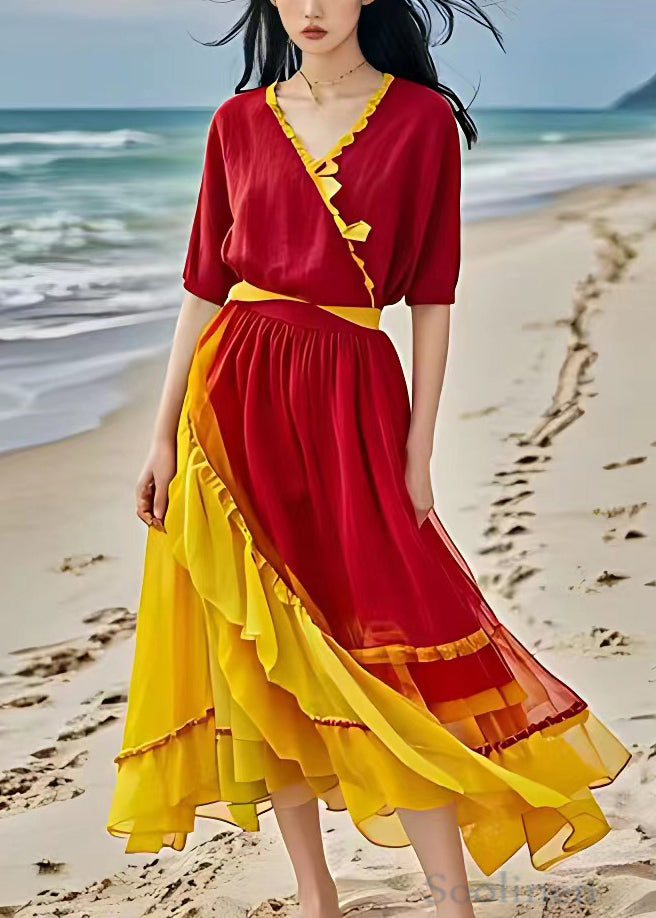 Red Asymmetrical Ruffled Patchwork Chiffon Dress Summer