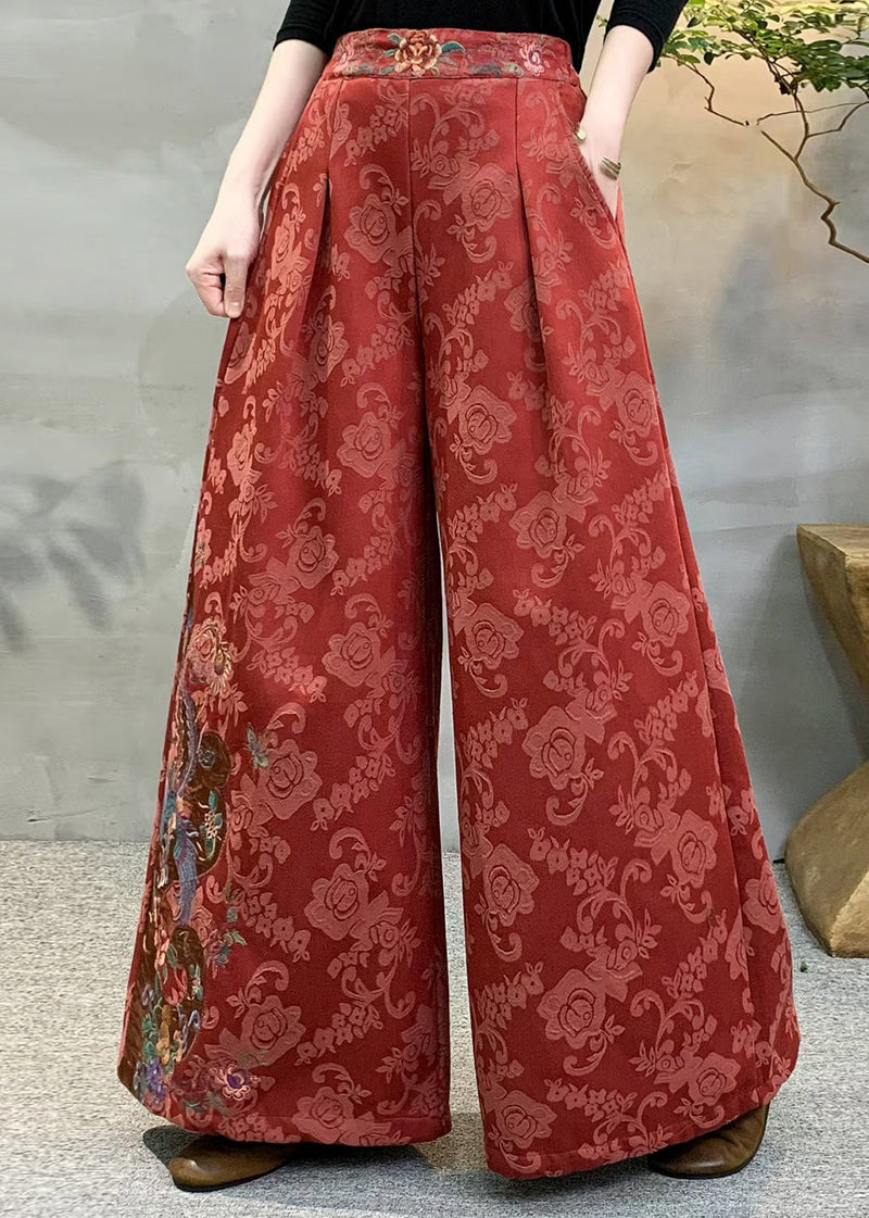 Red Jacquard Pockets Warm Fleece Pants Winter