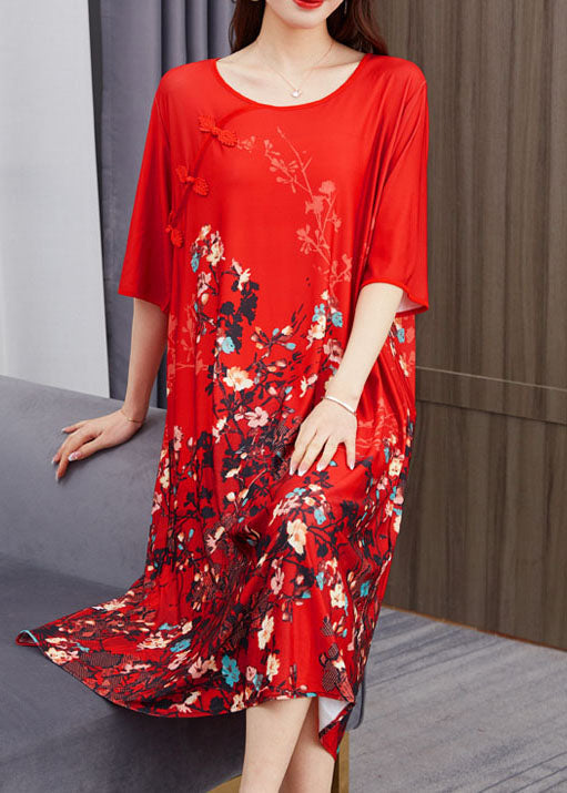 Red O Neck Print Chinese Button Patchwork Chiffon Dress Summer