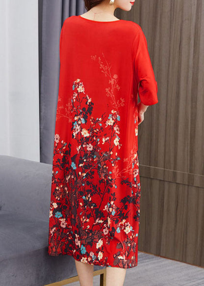 Red O Neck Print Chinese Button Patchwork Chiffon Dress Summer