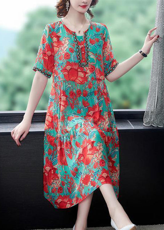 Red O-neck Print Silk Party Dress Summer