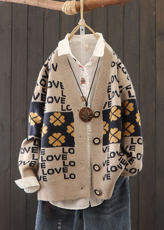 Red Oversized Patchwork Letter Print Knit Cardigans Winter