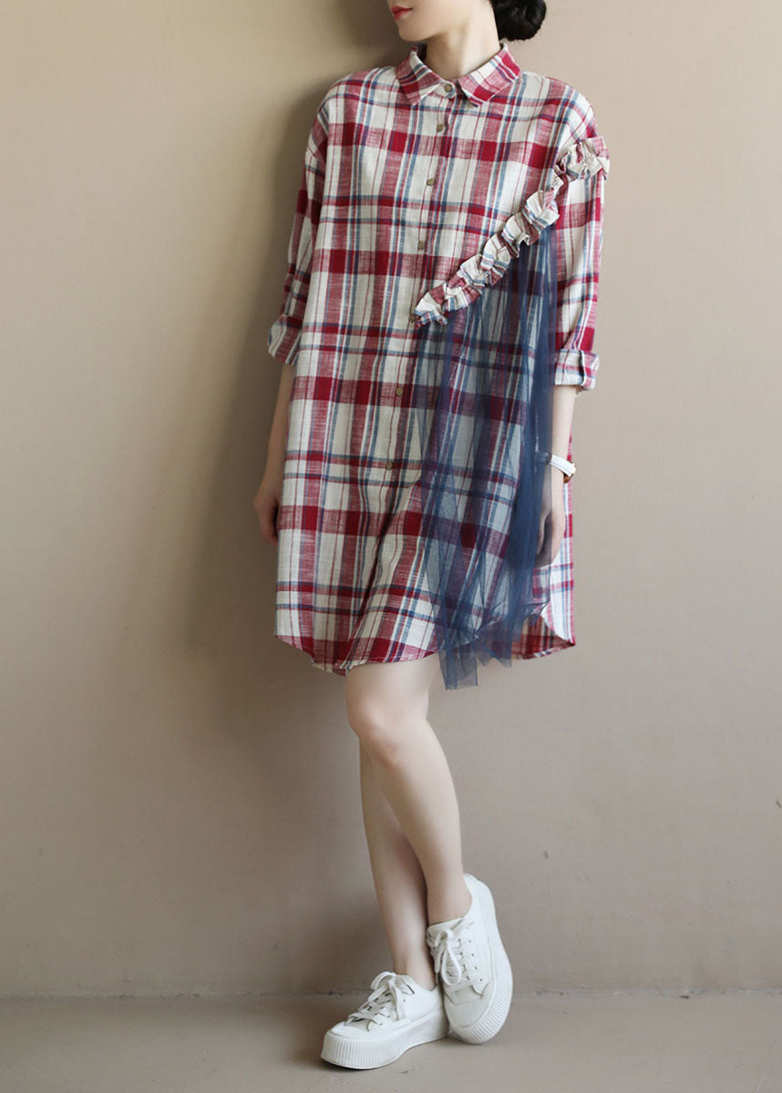 Red Plaid Ruffled Patchwork Tulle Cotton Linen Shirt Dress Long Sleeve
