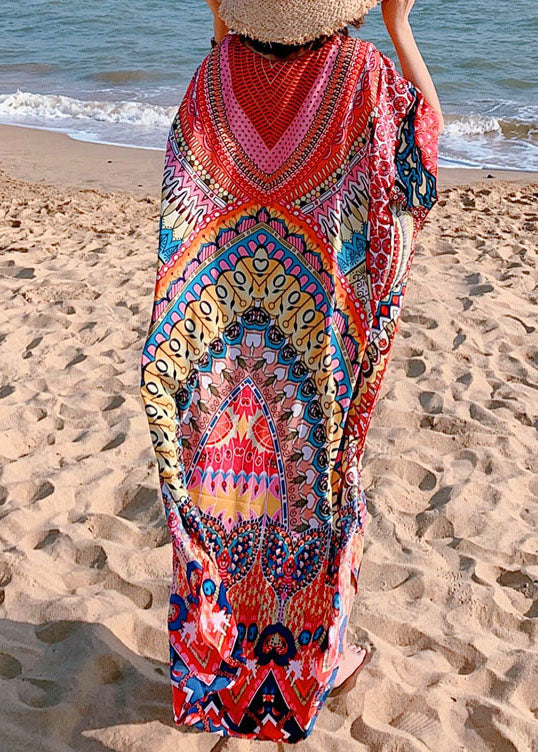 Red Print Beach Gown Mid Dress Summer