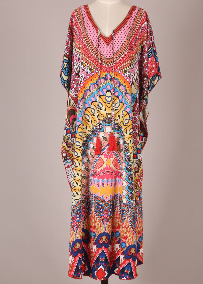 Red Print Beach Gown Mid Dress Summer