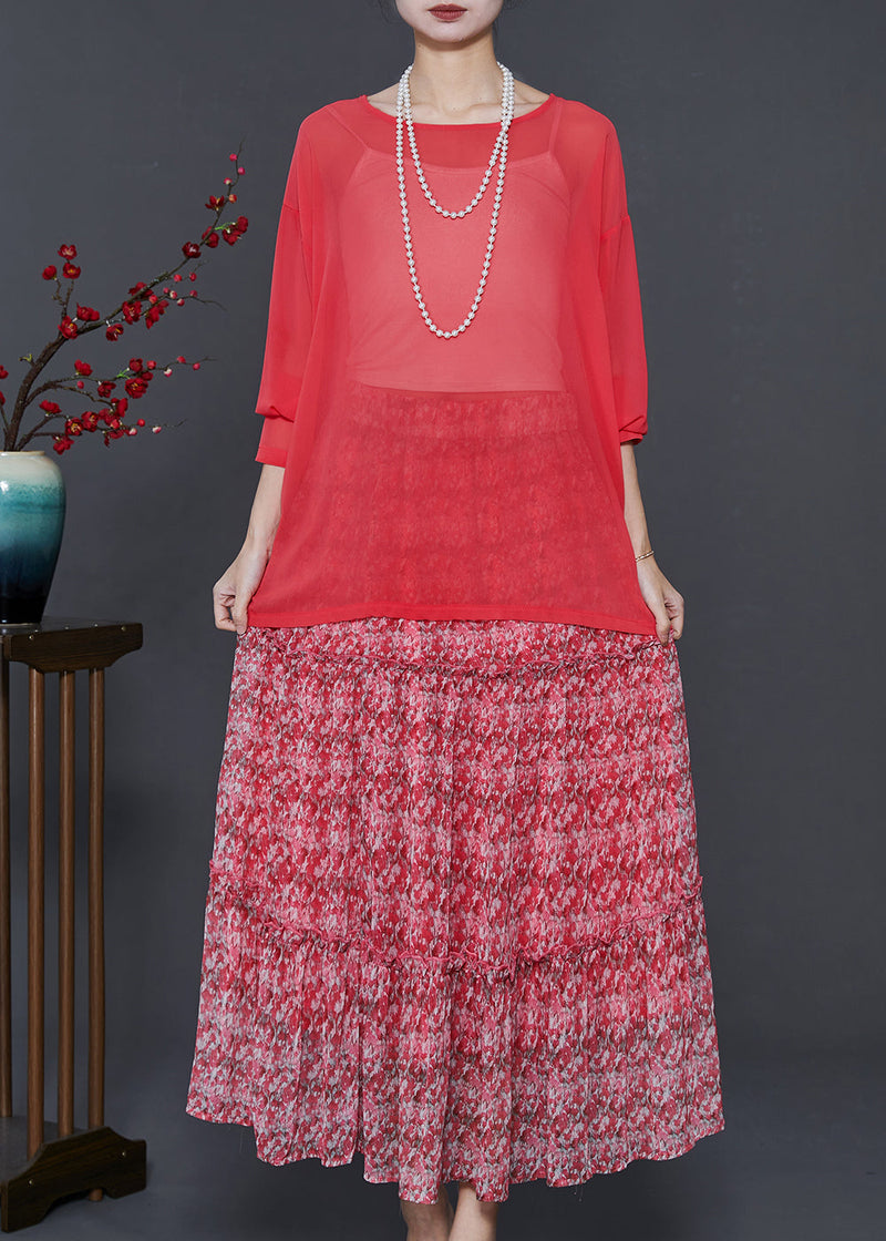 Red Print Exra Large Hem Chiffon Two Piece Set Summer