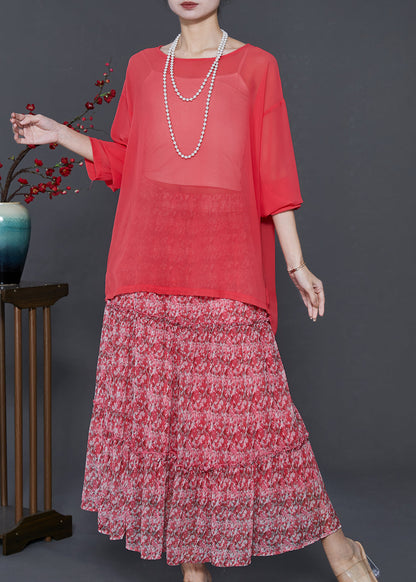 Red Print Exra Large Hem Chiffon Two Piece Set Summer