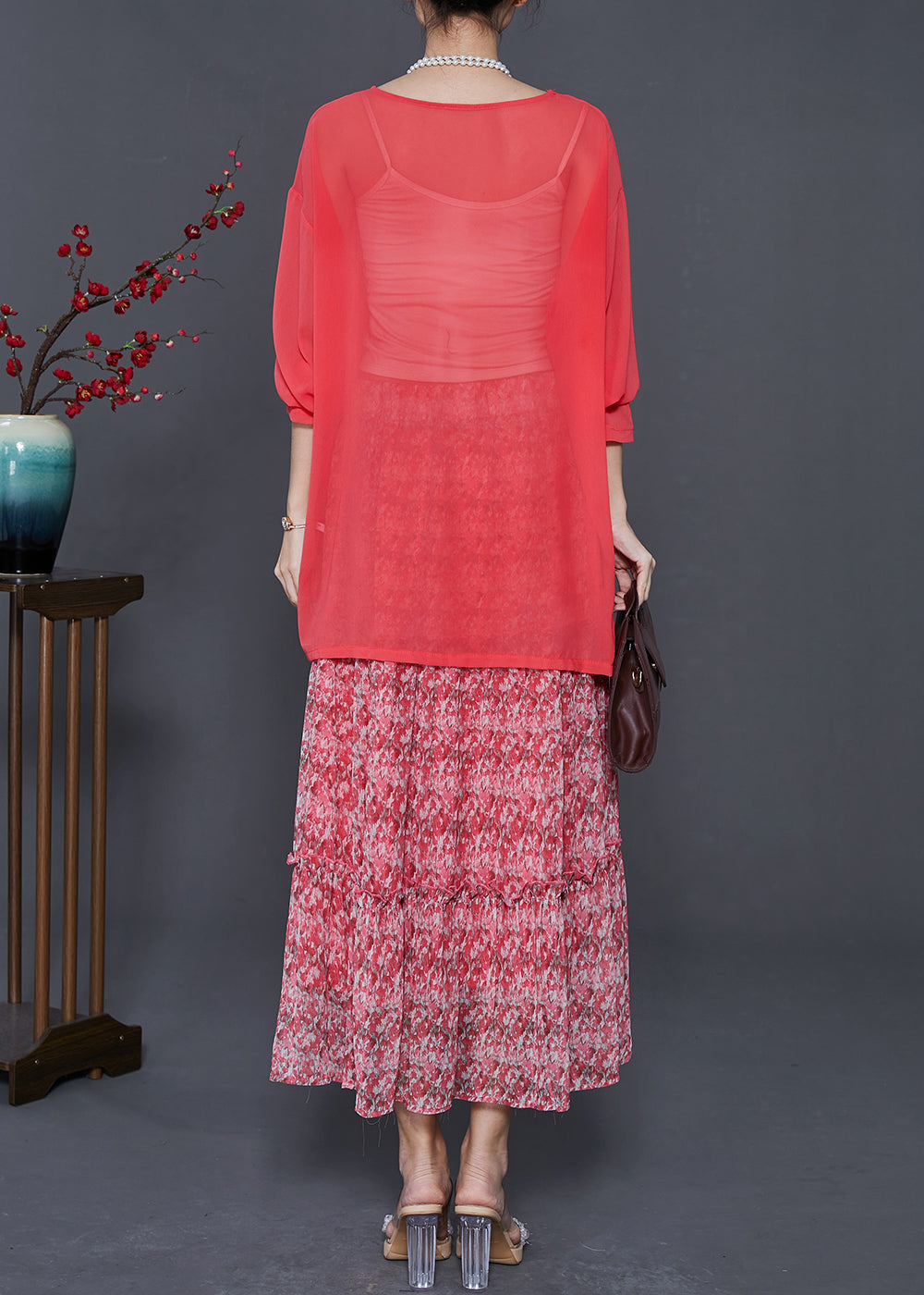 Red Print Exra Large Hem Chiffon Two Piece Set Summer