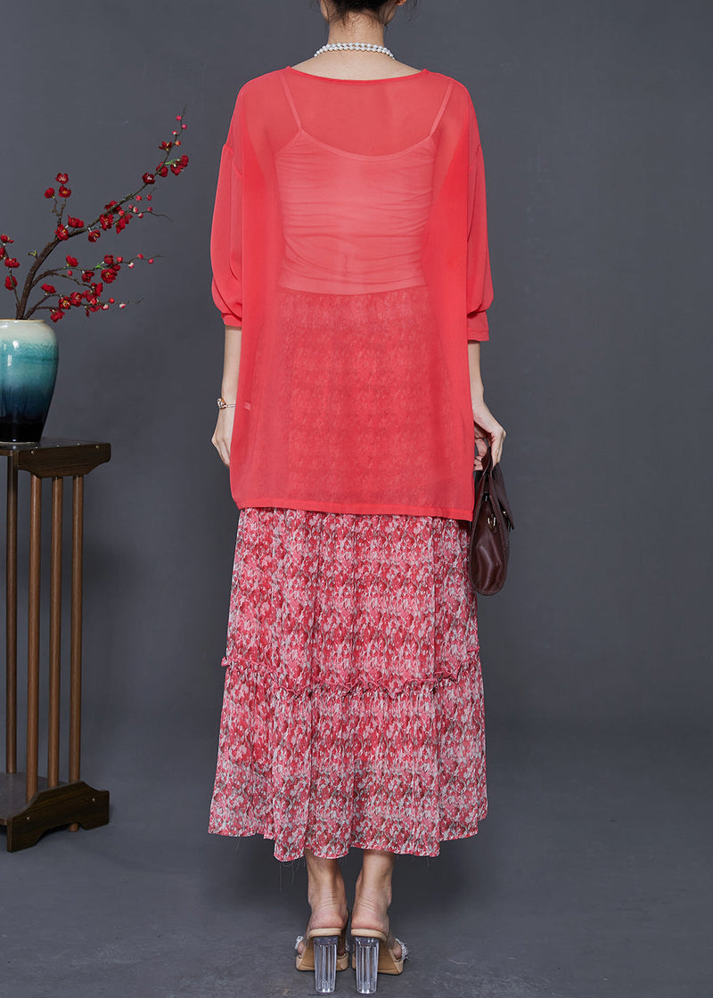 Red Print Exra Large Hem Chiffon Two Piece Set Summer