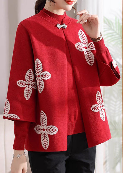 Red Print Knit Cardigans and Sweaters Two Pieces Set Spring