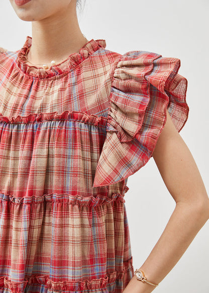 Red Ruffled Plaid Cotton Dresses Butterfly Sleeve