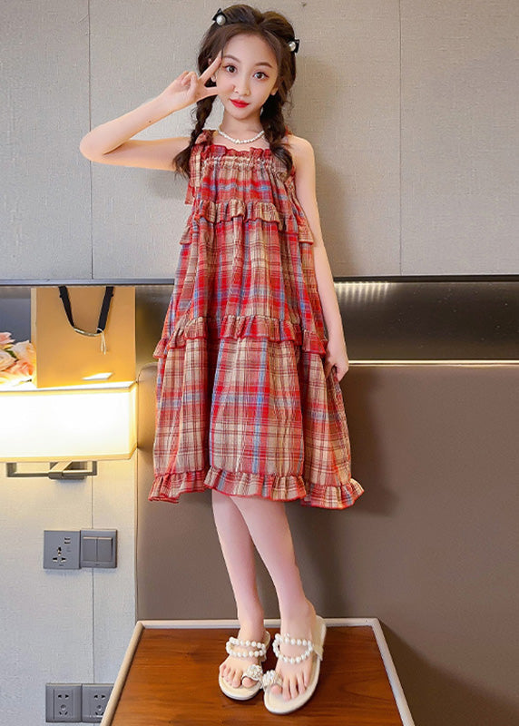 Red Slash Neck Ruffled Plaid Patchwork Slip Long Dress Summer