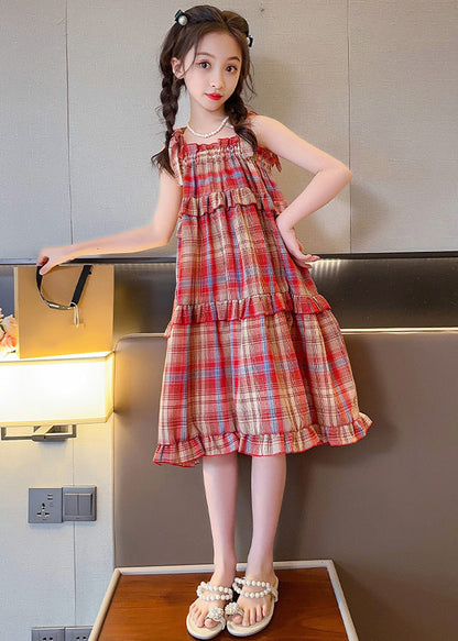Red Slash Neck Ruffled Plaid Patchwork Slip Long Dress Summer