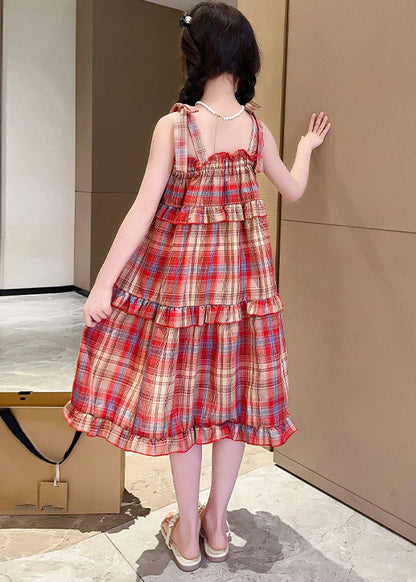 Red Slash Neck Ruffled Plaid Patchwork Slip Long Dress Summer