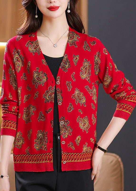Red V Neck Button Print Wool Knit Cardigan Spring