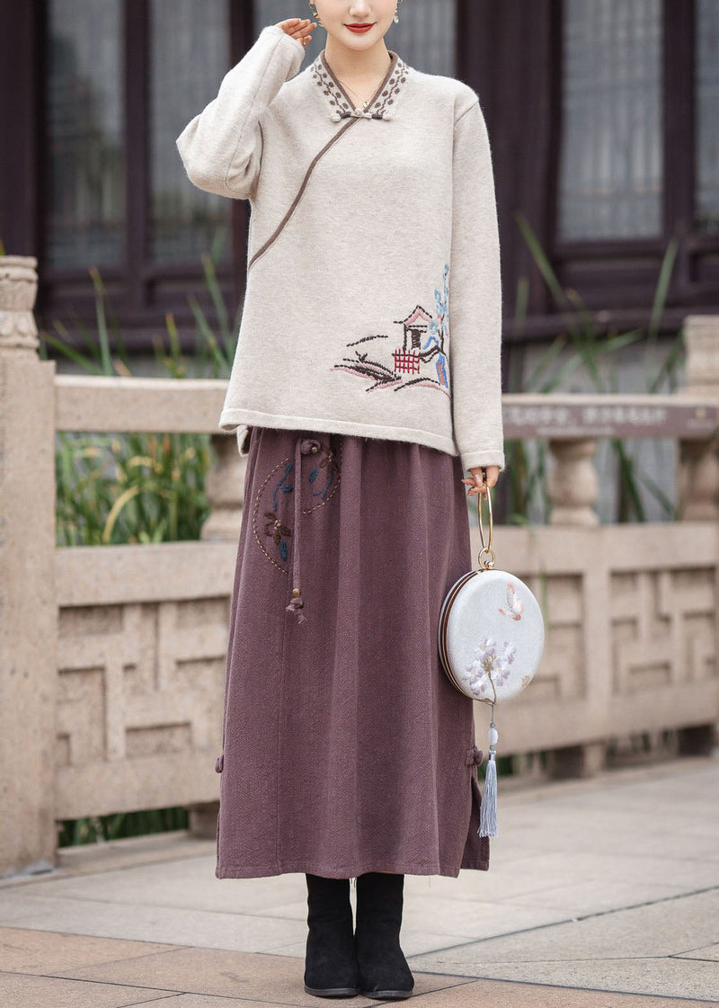 Red V Neck Oriental Button Embroideried Knit Tops Winter